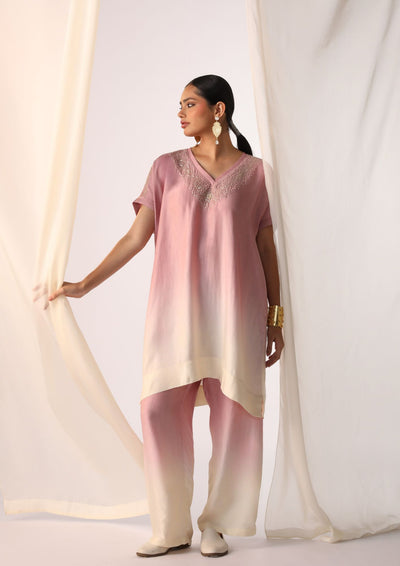Linen satin ombre co-ord set with handwork embroidery