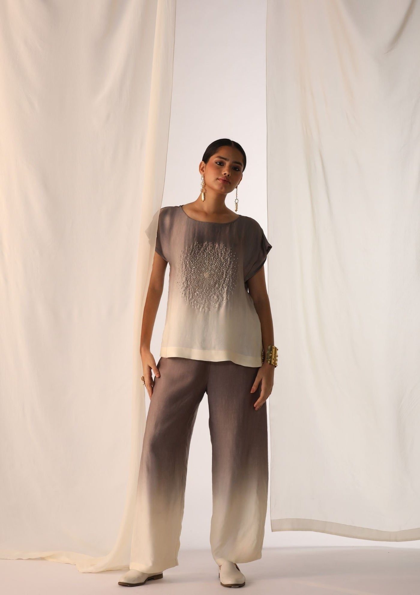 Linen satin ombre co-ord set with scatter hand work