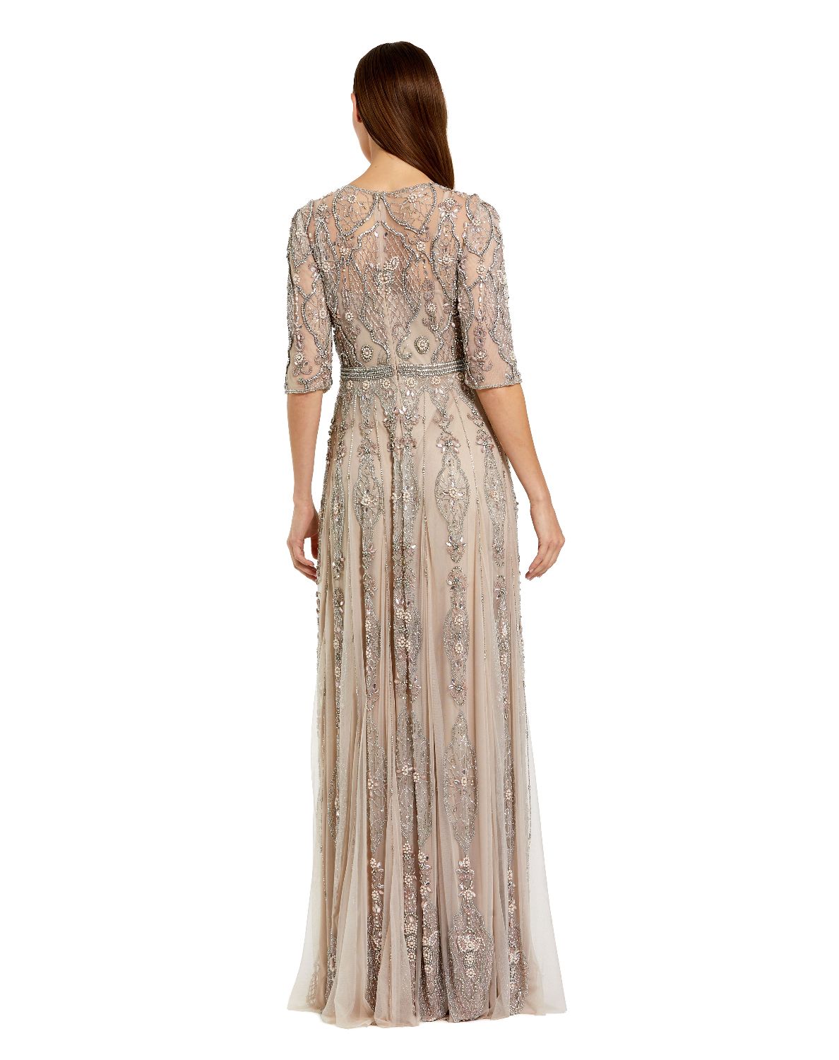 10115-Beige 3/4 Sleeve Embellished A-line Gown