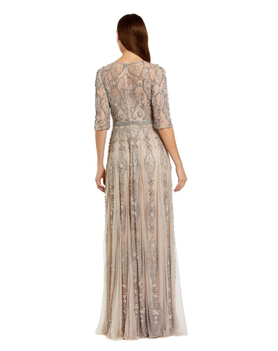 10115-Beige 3/4 Sleeve Embellished A-line Gown