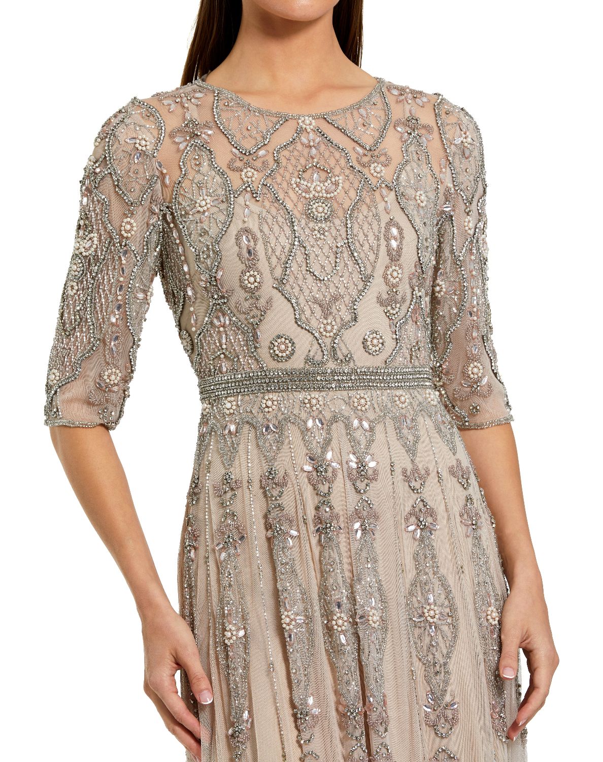 10115-Beige 3/4 Sleeve Embellished A-line Gown
