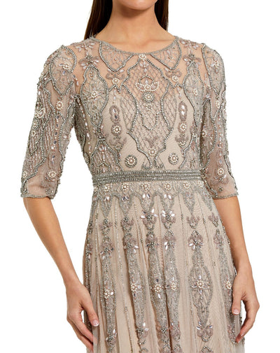 10115-Beige 3/4 Sleeve Embellished A-line Gown