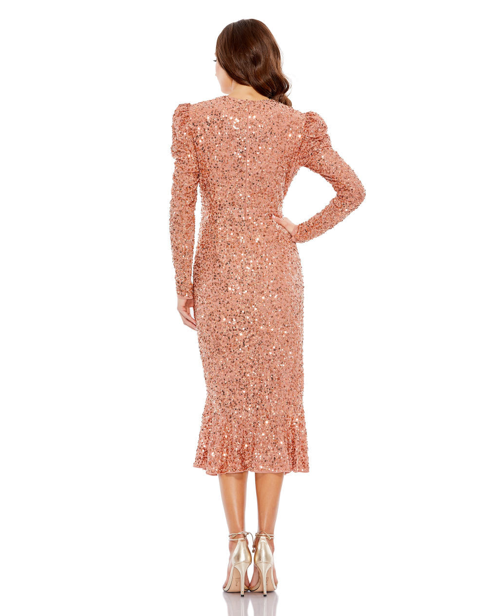 10865-SEQUINED LONG SLEEVE HIGH NECK TRUMPET DRESS (COPPER)