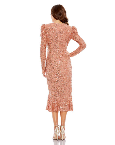 10865-SEQUINED LONG SLEEVE HIGH NECK TRUMPET DRESS (COPPER)