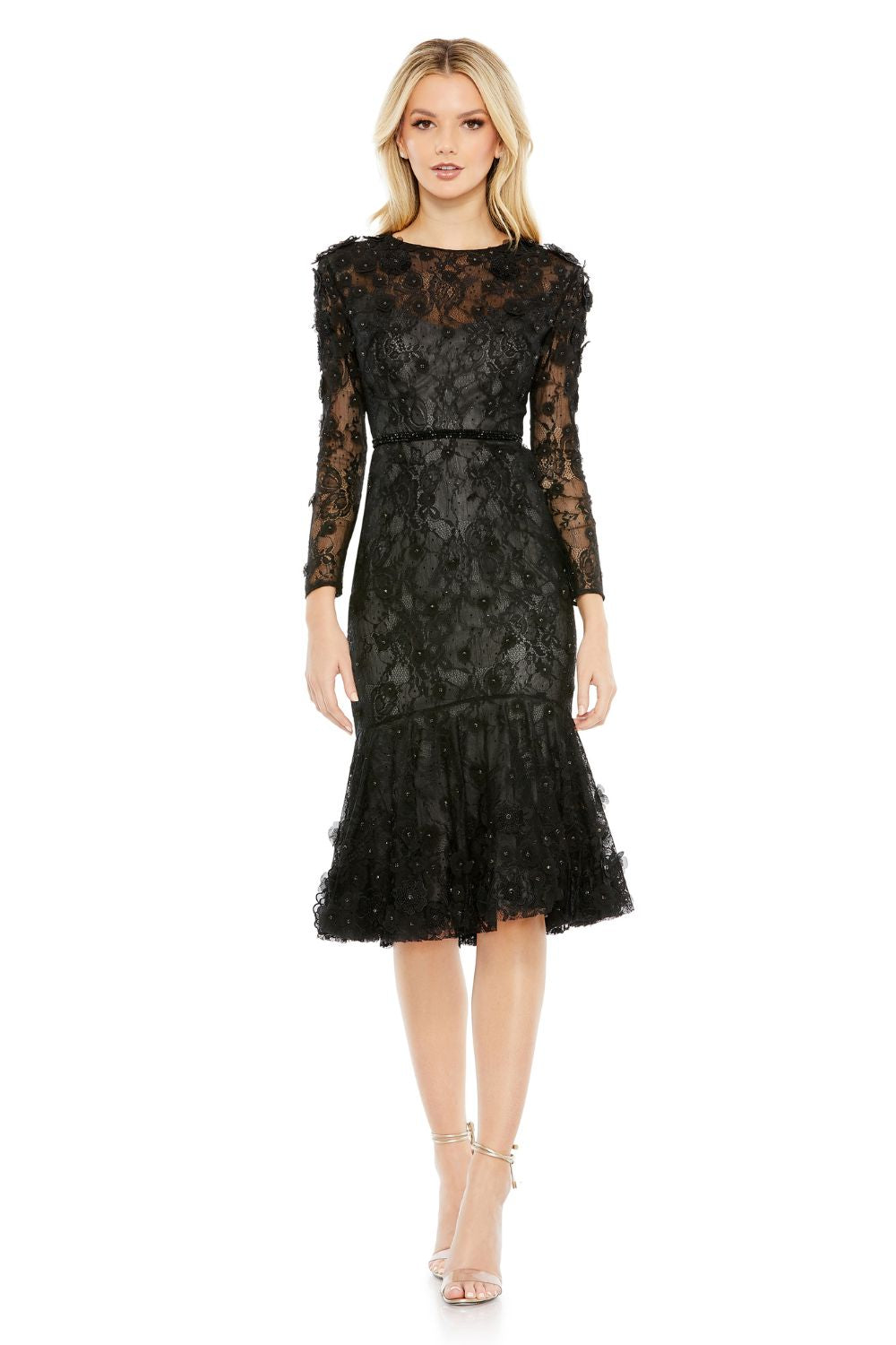67703-Floral Appliqué Long Sleeve Cocktail Dress