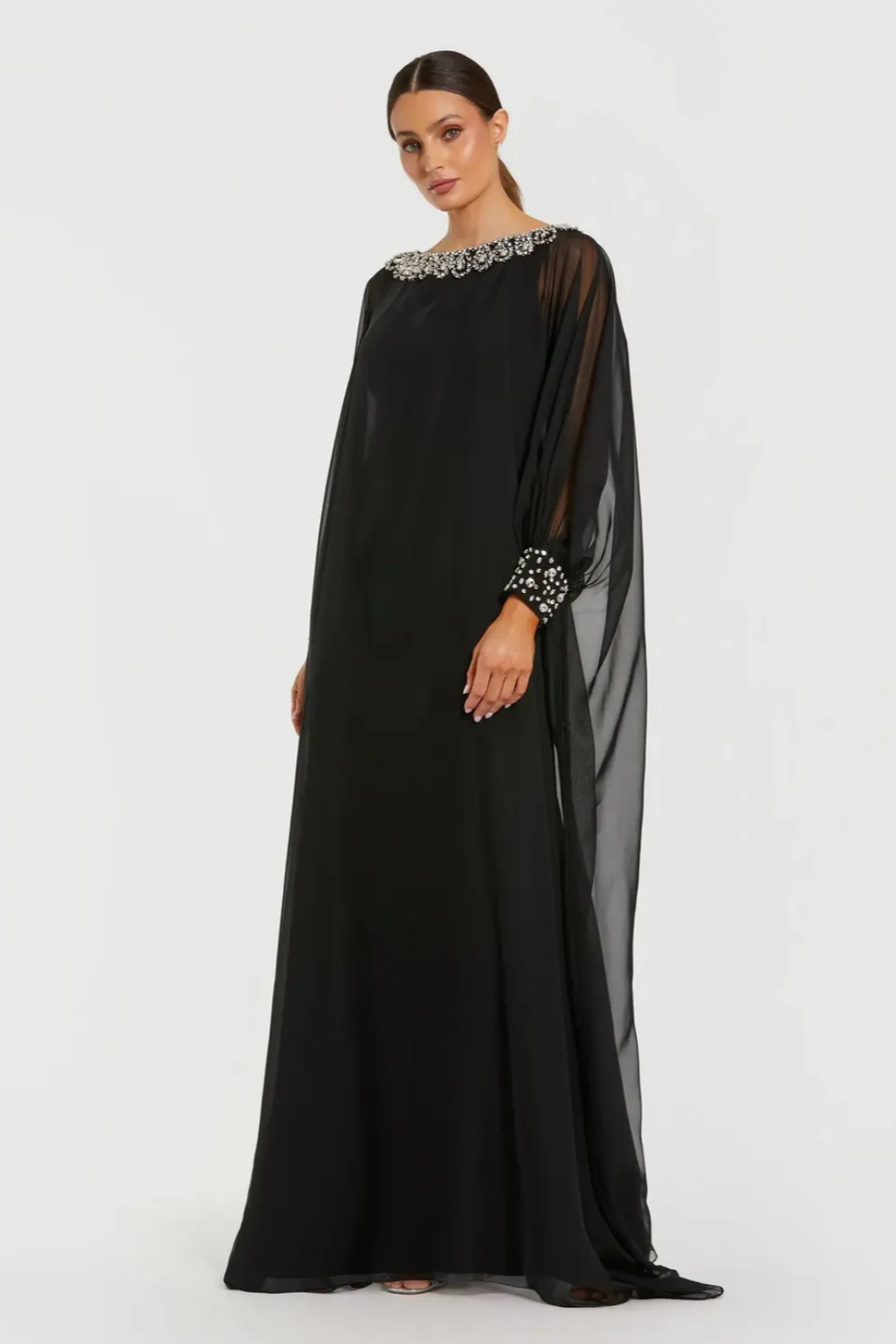 Black Long Sleeve Embellished Chiffon Kaftan Gown