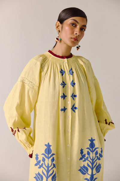 Chloe Dress - Butter Yellow Bird Applique