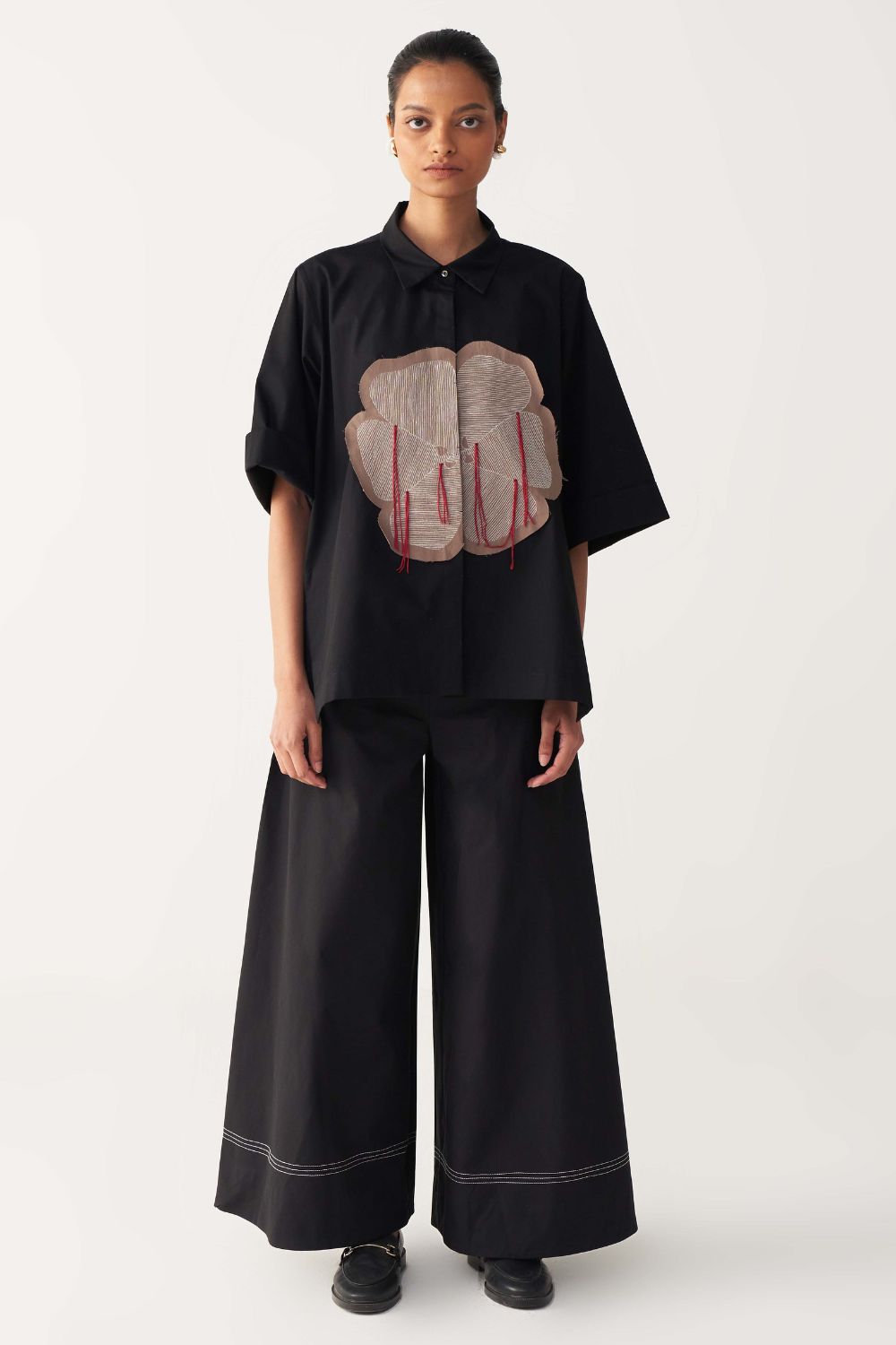 FLORAL FRINGE SHIRT -BLACK