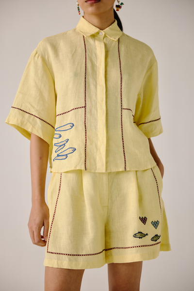 Leo Set - Butter Yellow Fish Embroidery