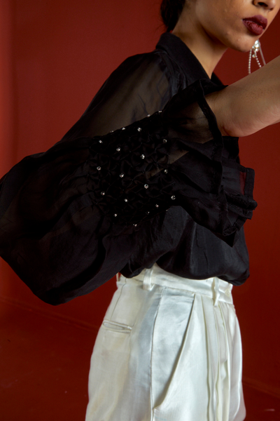 SMOCKING DETAIL SHIRT CO-ORD-BLACK