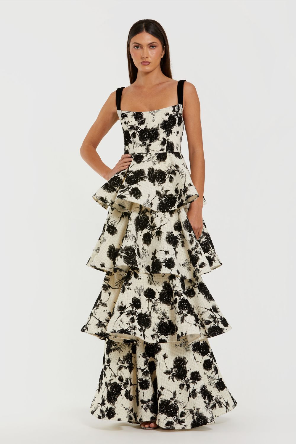 27710-Black and White Floral Boucle Tiered Ruffle Gown
