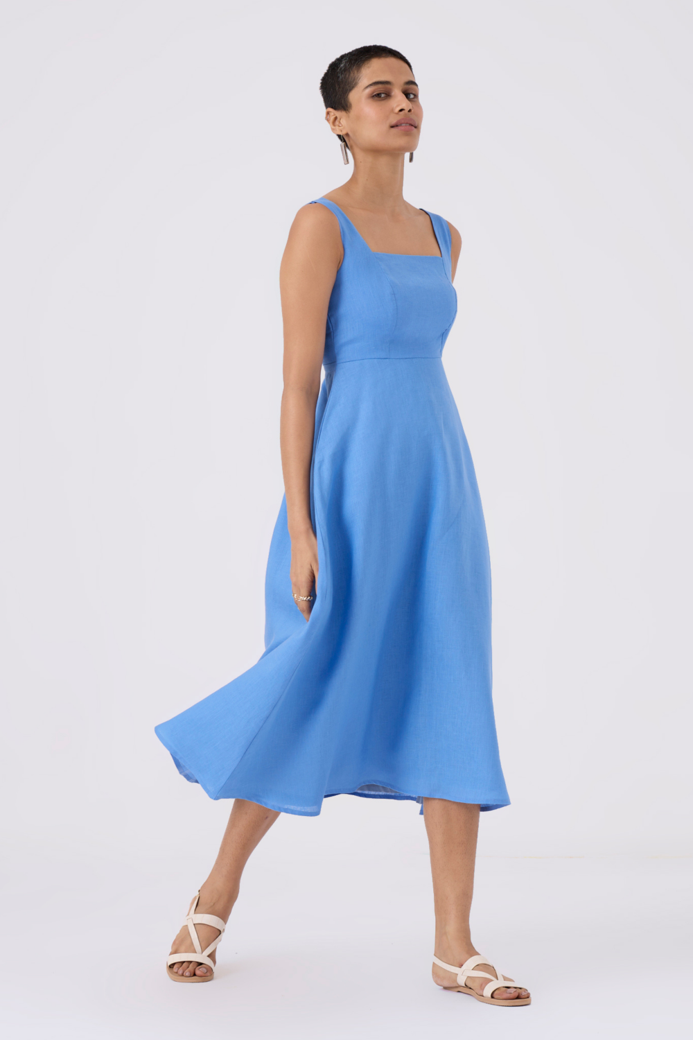 Urmi Linen Cornflower Blue Fit-Flare Dress