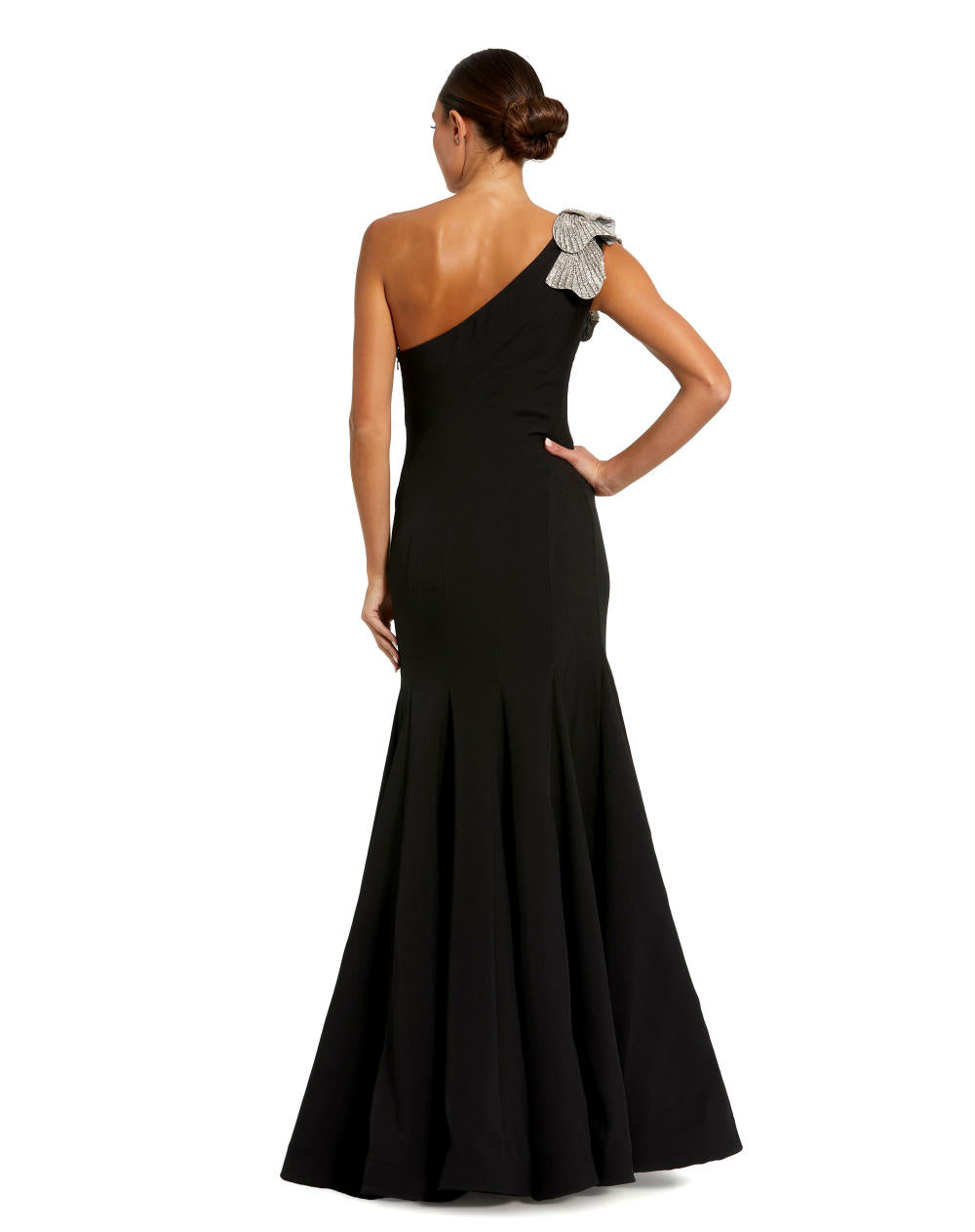 11810-Crepe One Shoulder Gown With Flower
