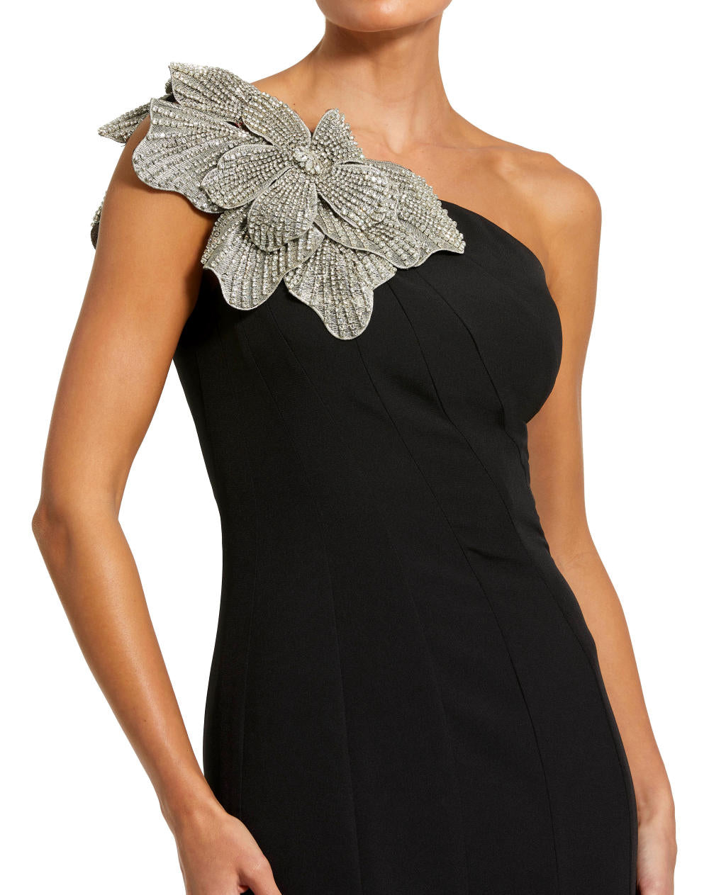 11810-Crepe One Shoulder Gown With Flower