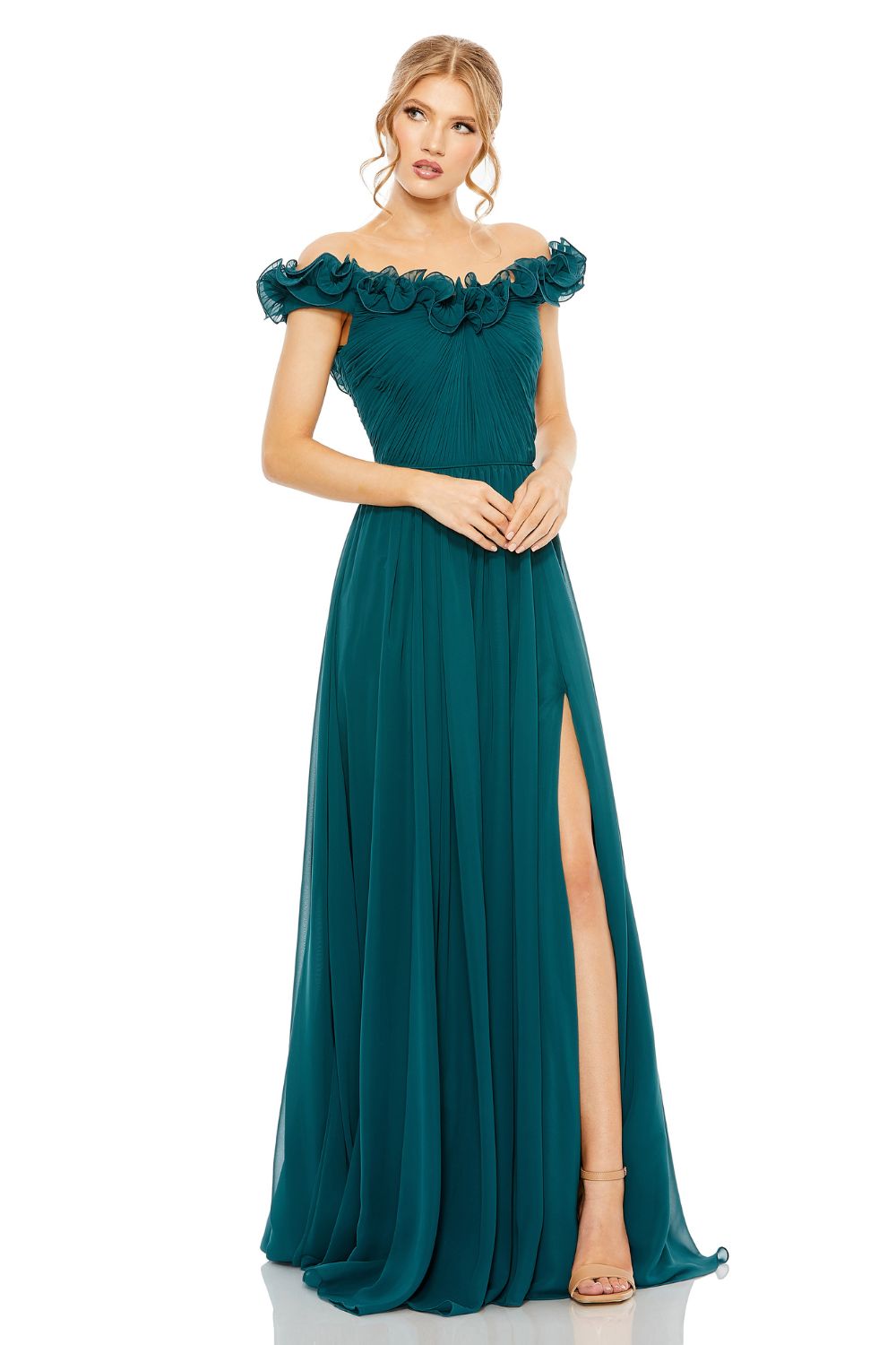 11591-Ruched Off The Shoulder A Line Gown