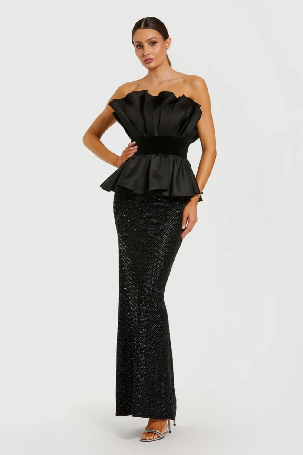 Black Strapless Satin Peplum Sequin Column Gown