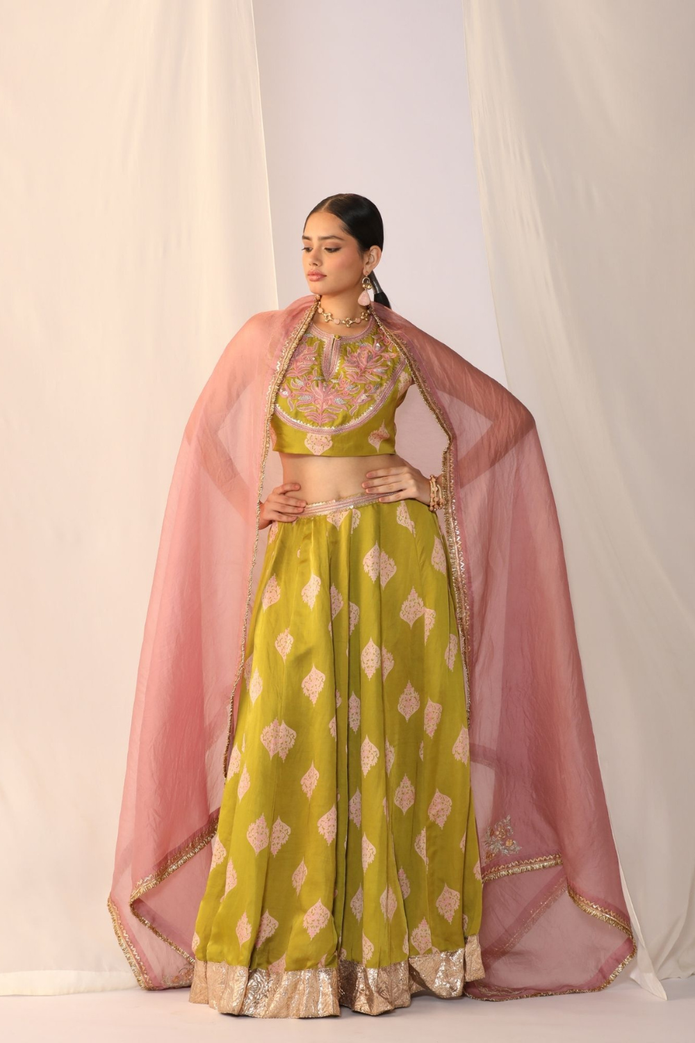 Block printed satin lehenga choli with duppata
