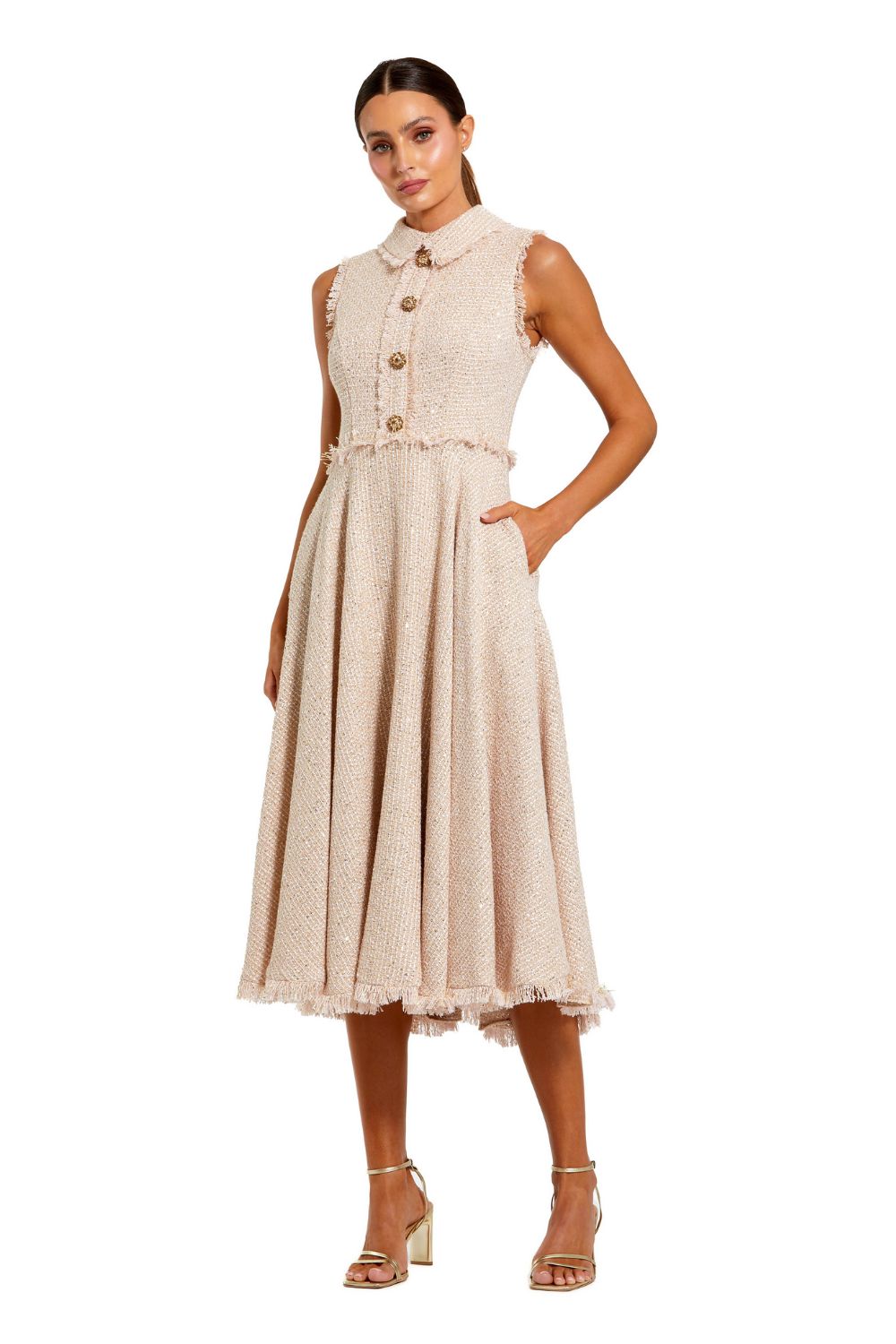27658-Pink Boucle Sleeveless Collared Button Up Midi Dress