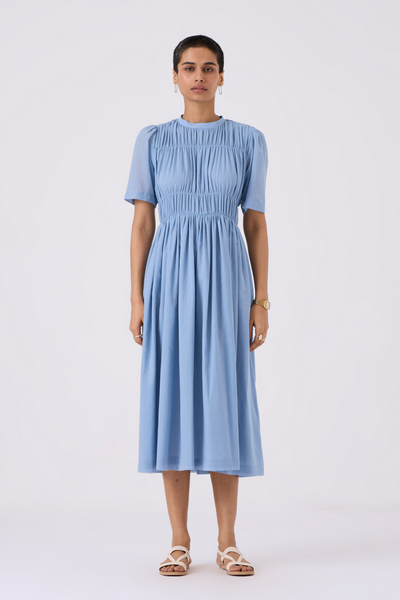 Mo Blue Cotton Ruched Dress