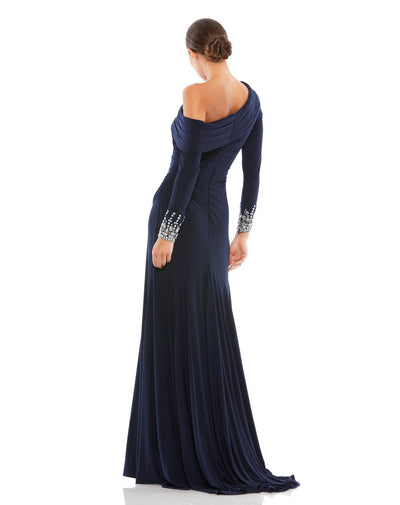 12231-Beaded Cuff Drop Shoulder Faux Wrap Gown