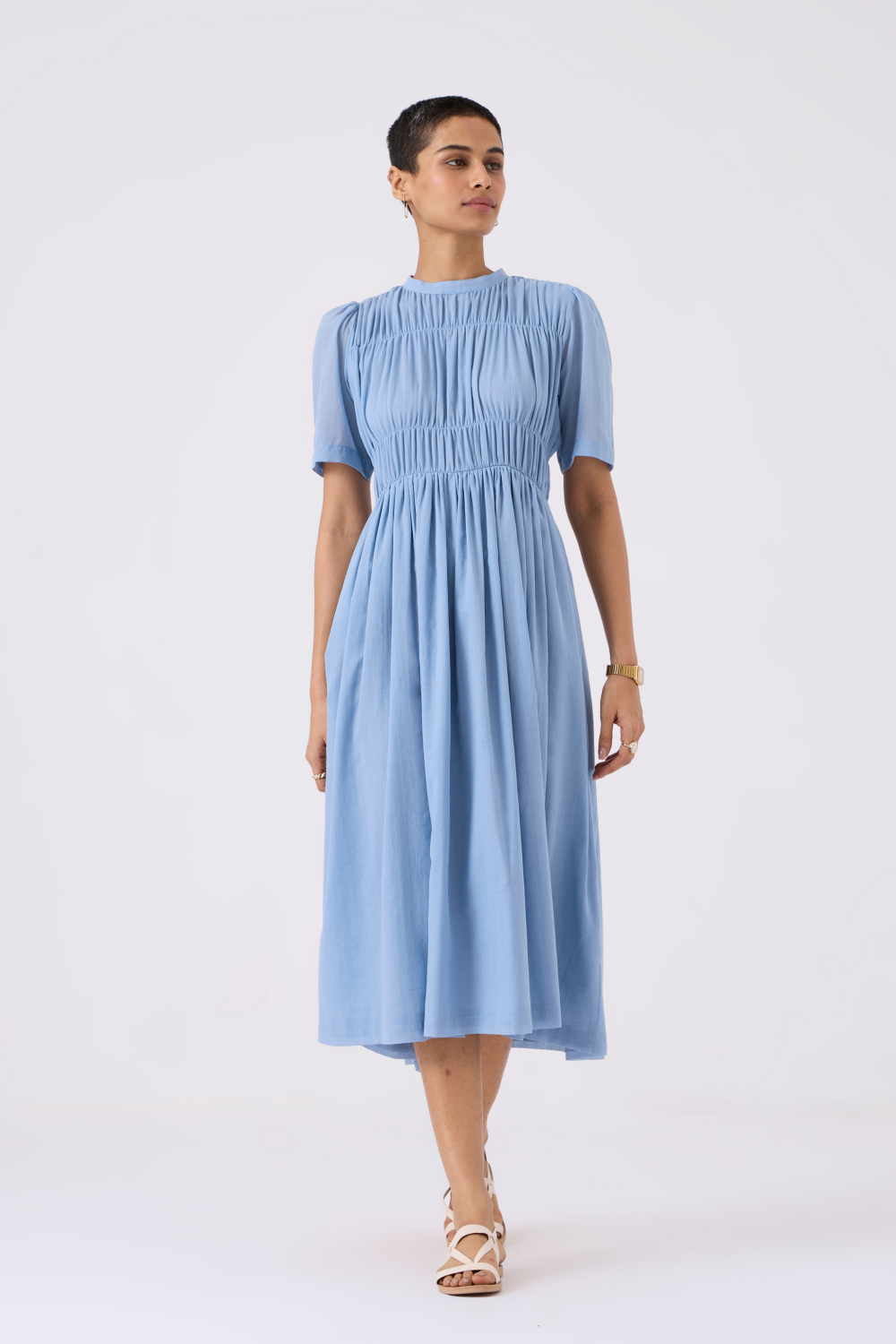Mo Blue Cotton Ruched Dress