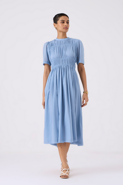 Mo Blue Cotton Ruched Dress