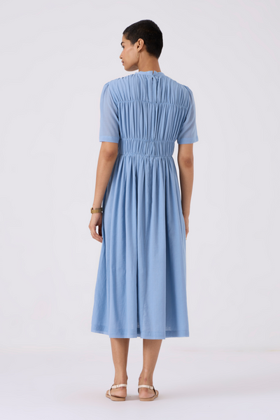 Mo Blue Cotton Ruched Dress