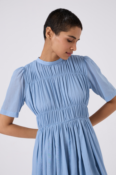 Mo Blue Cotton Ruched Dress
