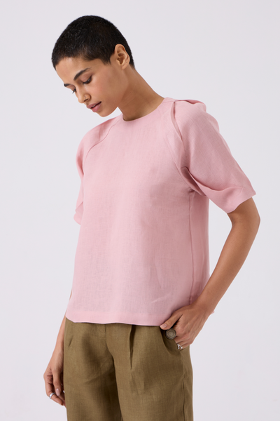 Loto Linen Rose Pink Top With Statement Sleeve