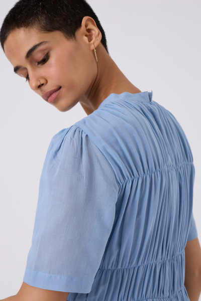 Mo Blue Cotton Ruched Dress