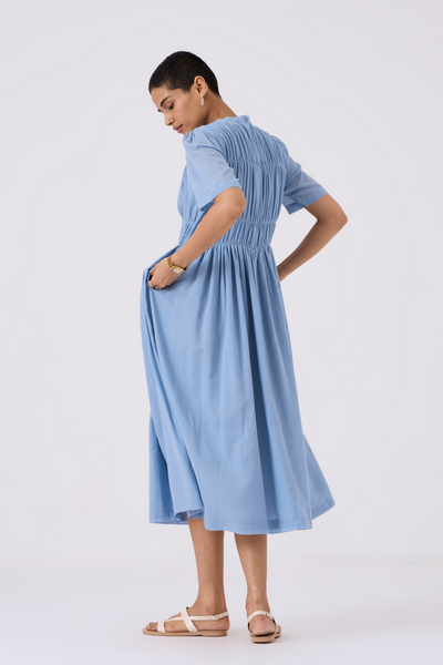 Mo Blue Cotton Ruched Dress