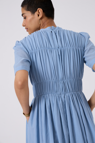 Mo Blue Cotton Ruched Dress