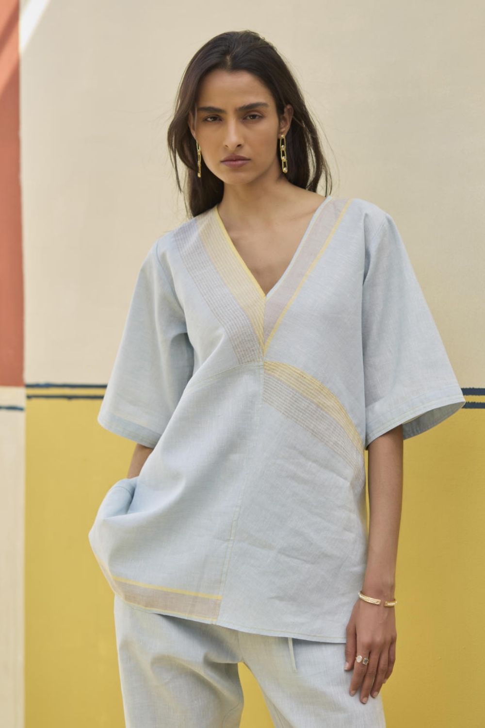 Moriko Border Linen Top - Sky