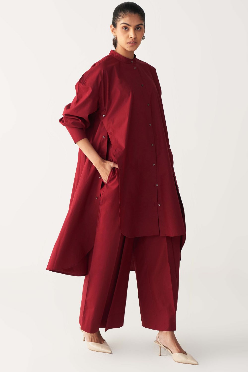 SIDE BUTTON TUNIC CO-ORD-MADDER RED