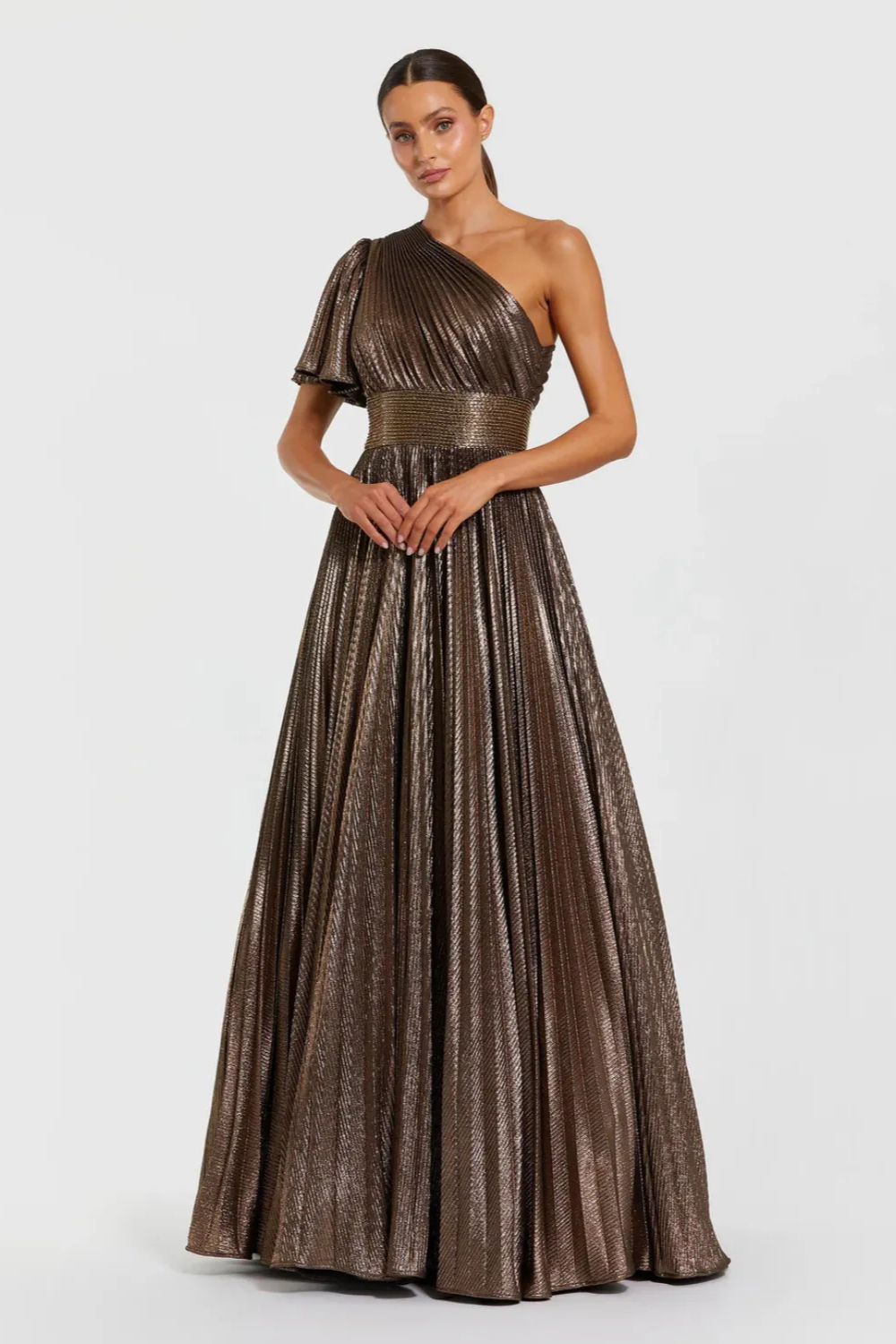 Brown One Shoulder Pleated Metallic Ball Gown