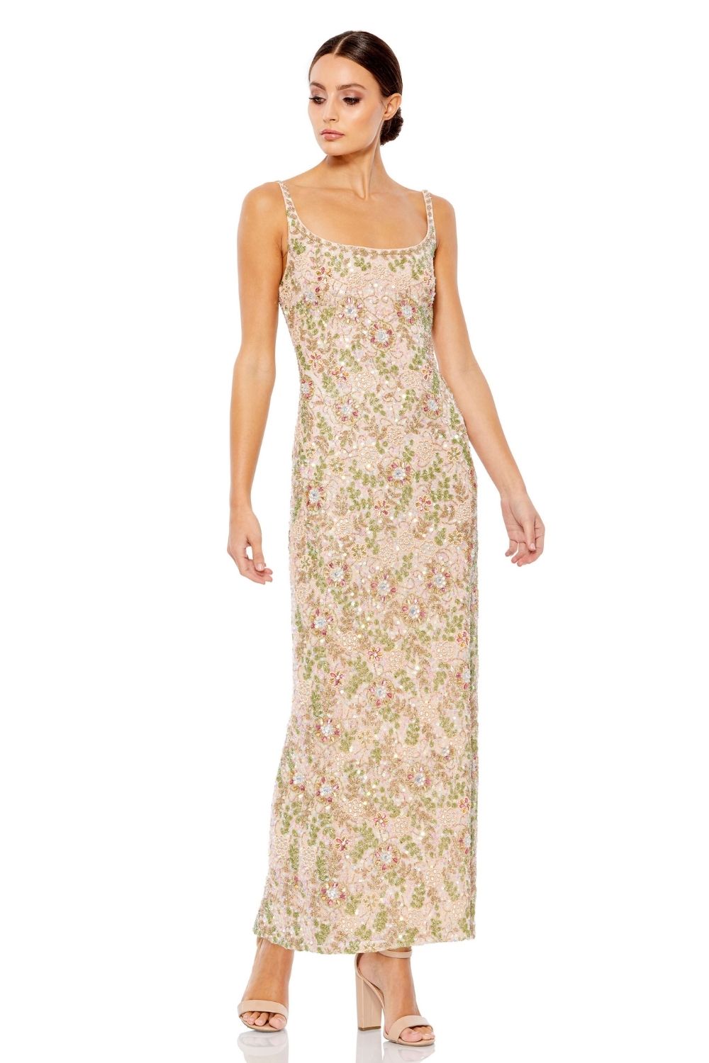 MD-10755 Embroidred Ankle Length Dress-Beige