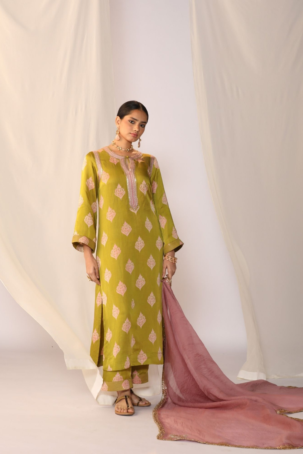 Block printed satin kurta set with organza dupatta
