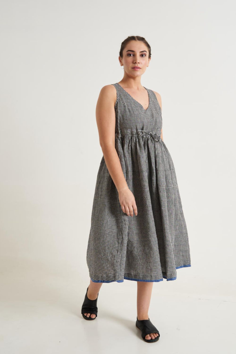 Checkered Front Tie-up midi dress - Black& White Checks