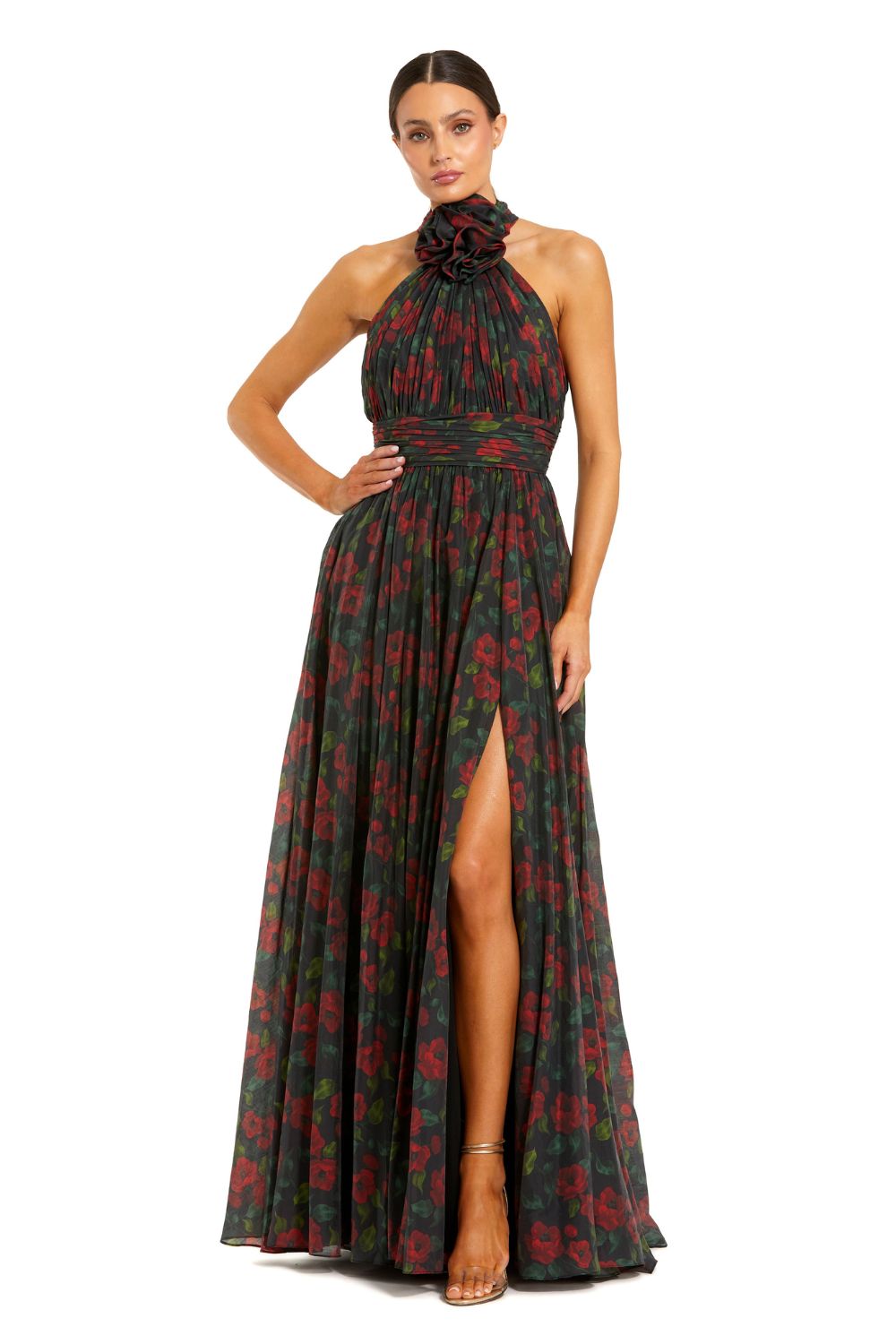27692-Black Floral Print Halter Neck Gown with Rosette Detail