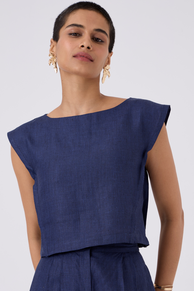 Pi Indigo Houndstooth Linen Crop Top