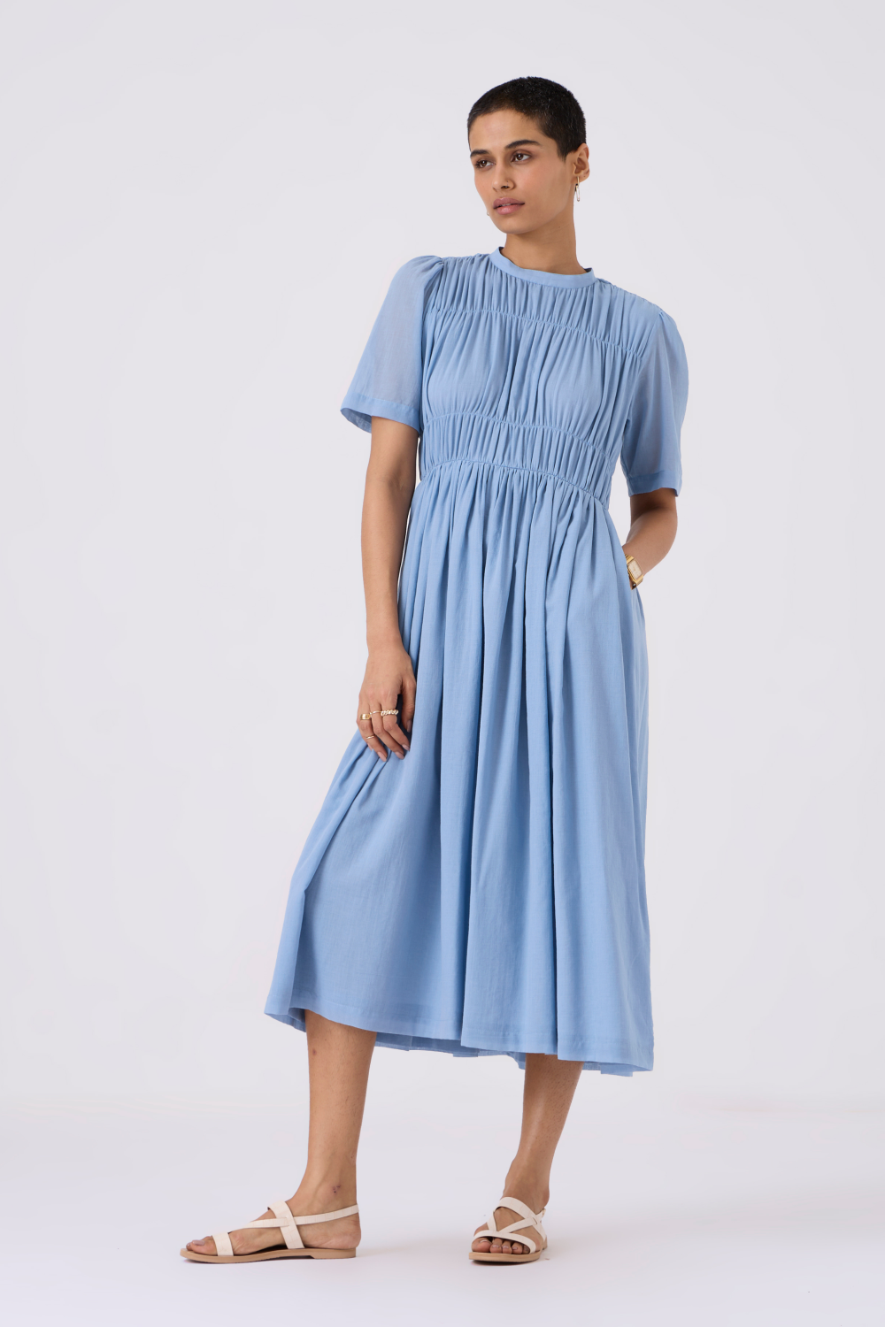 Mo Blue Cotton Ruched Dress