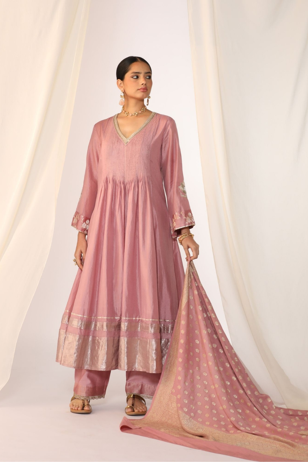 Silk pintucked kurta with handwork embroidery