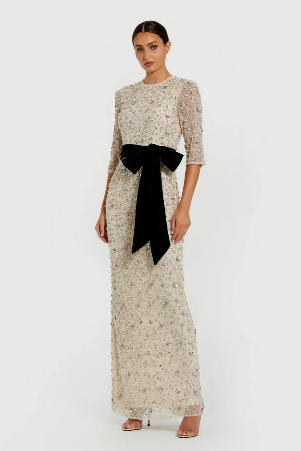 Ivory Embellished Evening Gown with Velvet Bow