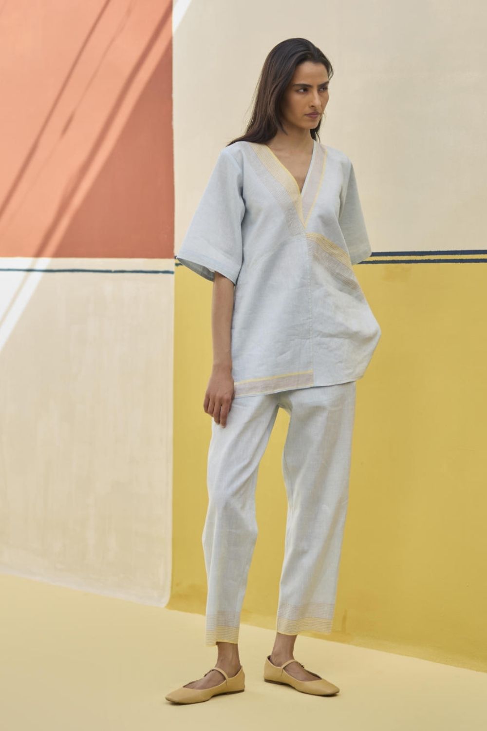 Moriko Border Linen Top - Sky