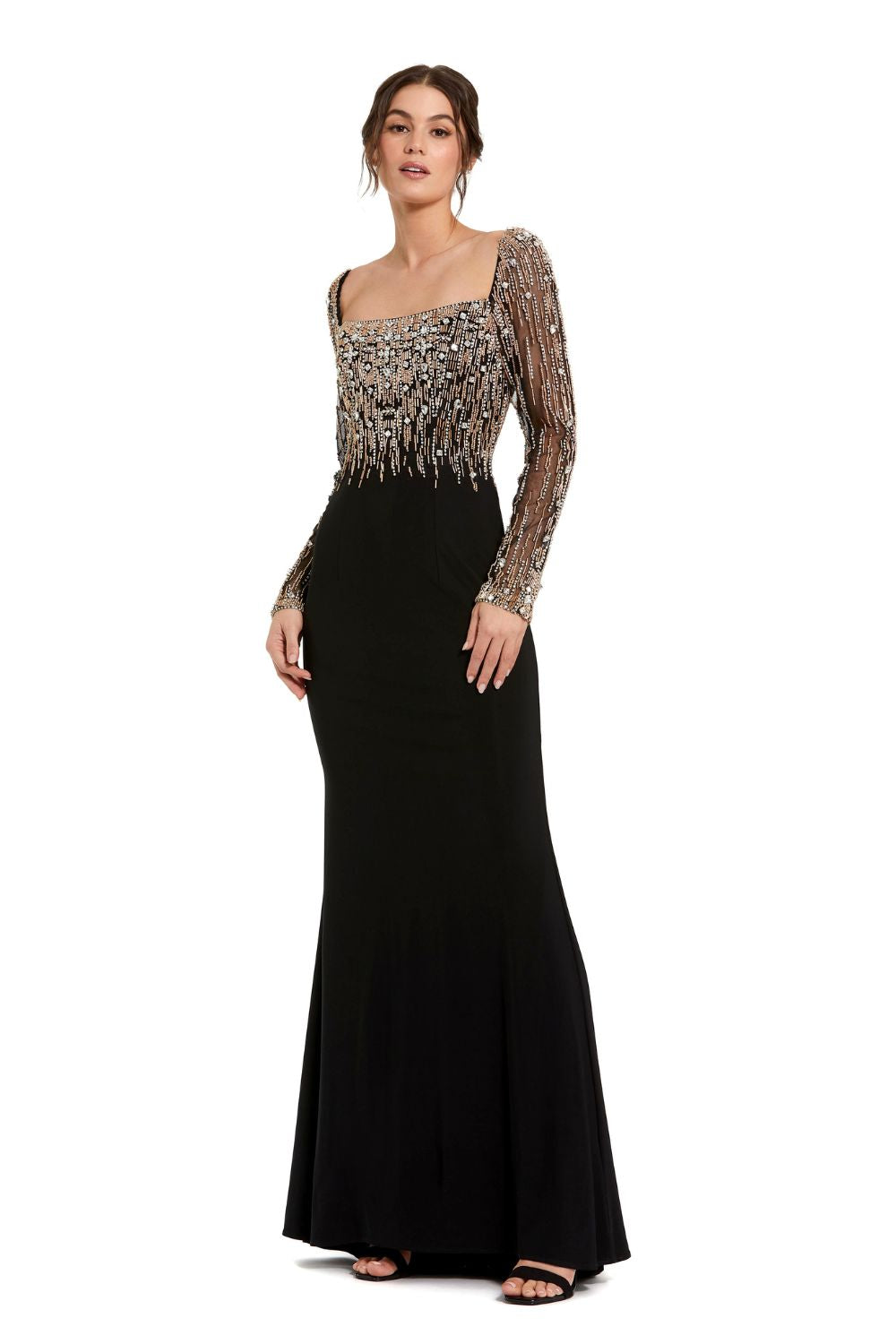 2256-Beaded Square Neck Long Sleeve Jersey Gown
