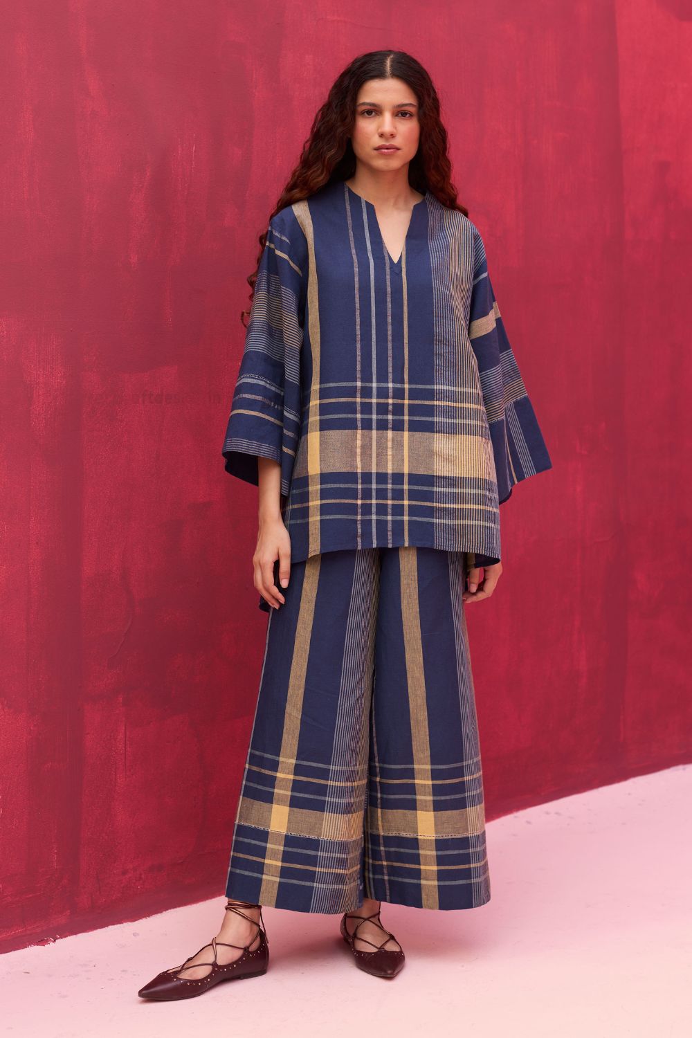 Kira Check Linen Co-ord Set - Navy