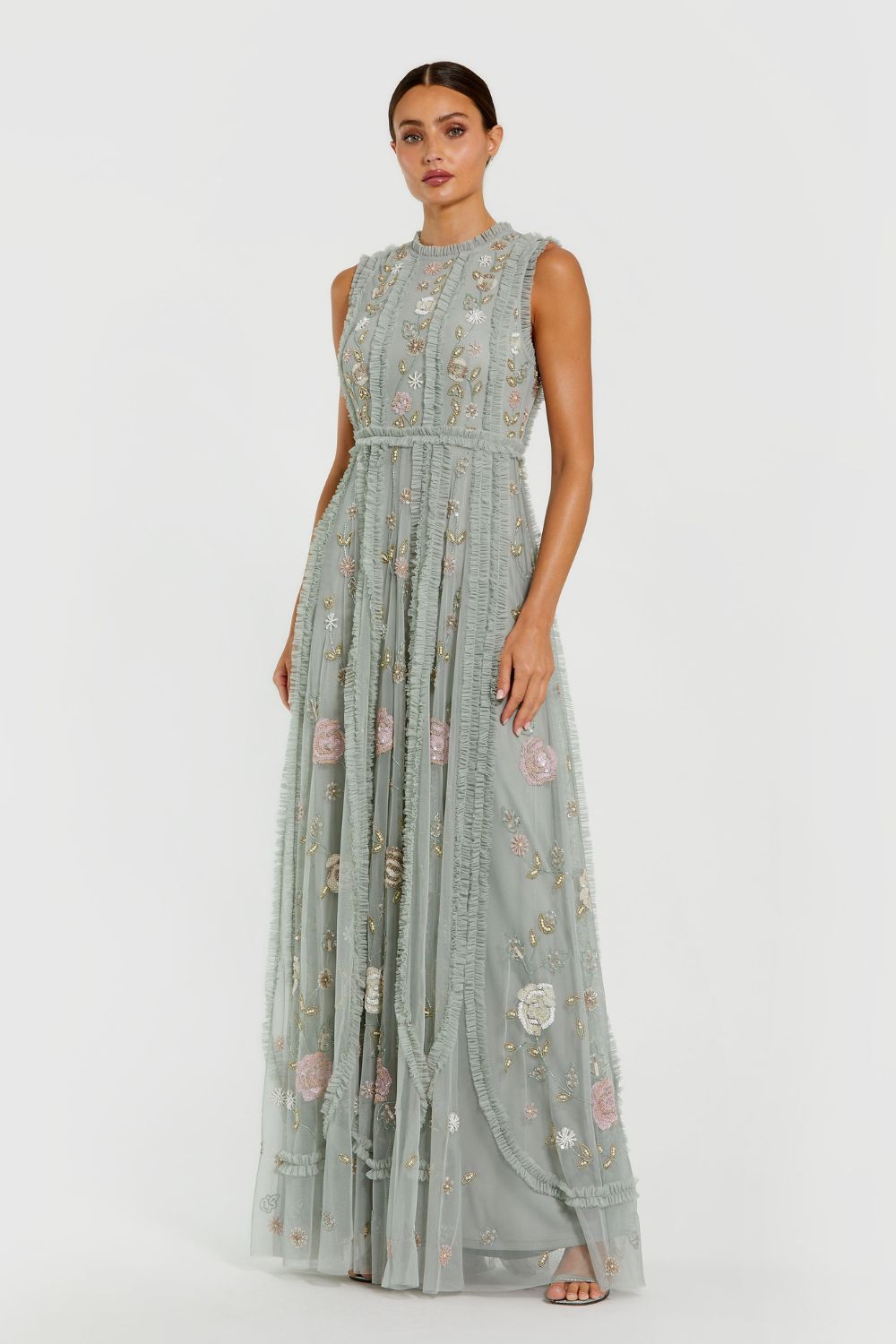9360-Floral Mesh Sleeveless A Line Micro Ruffle Gown