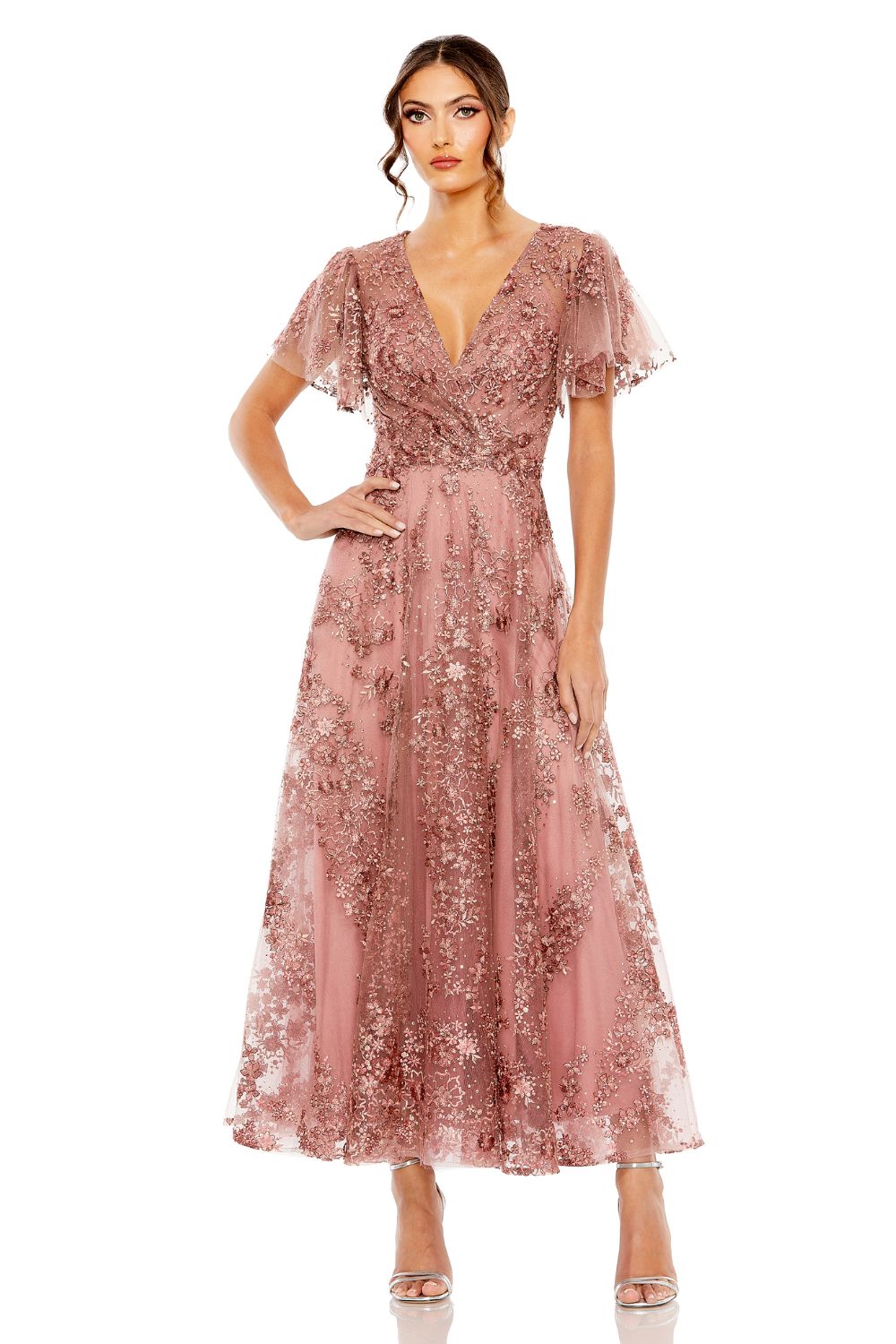 20486-Pink Embroidered Flutter Sleeve A-Line Dress