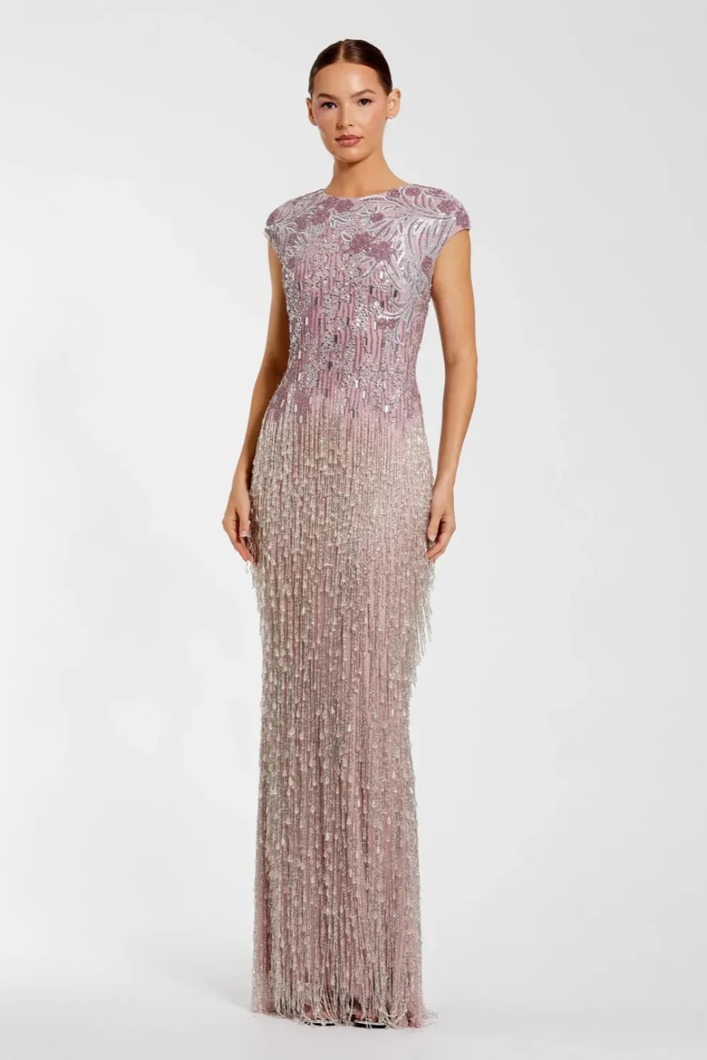 Purple Embellished Cap Sleeve Gown With Fringe Beading