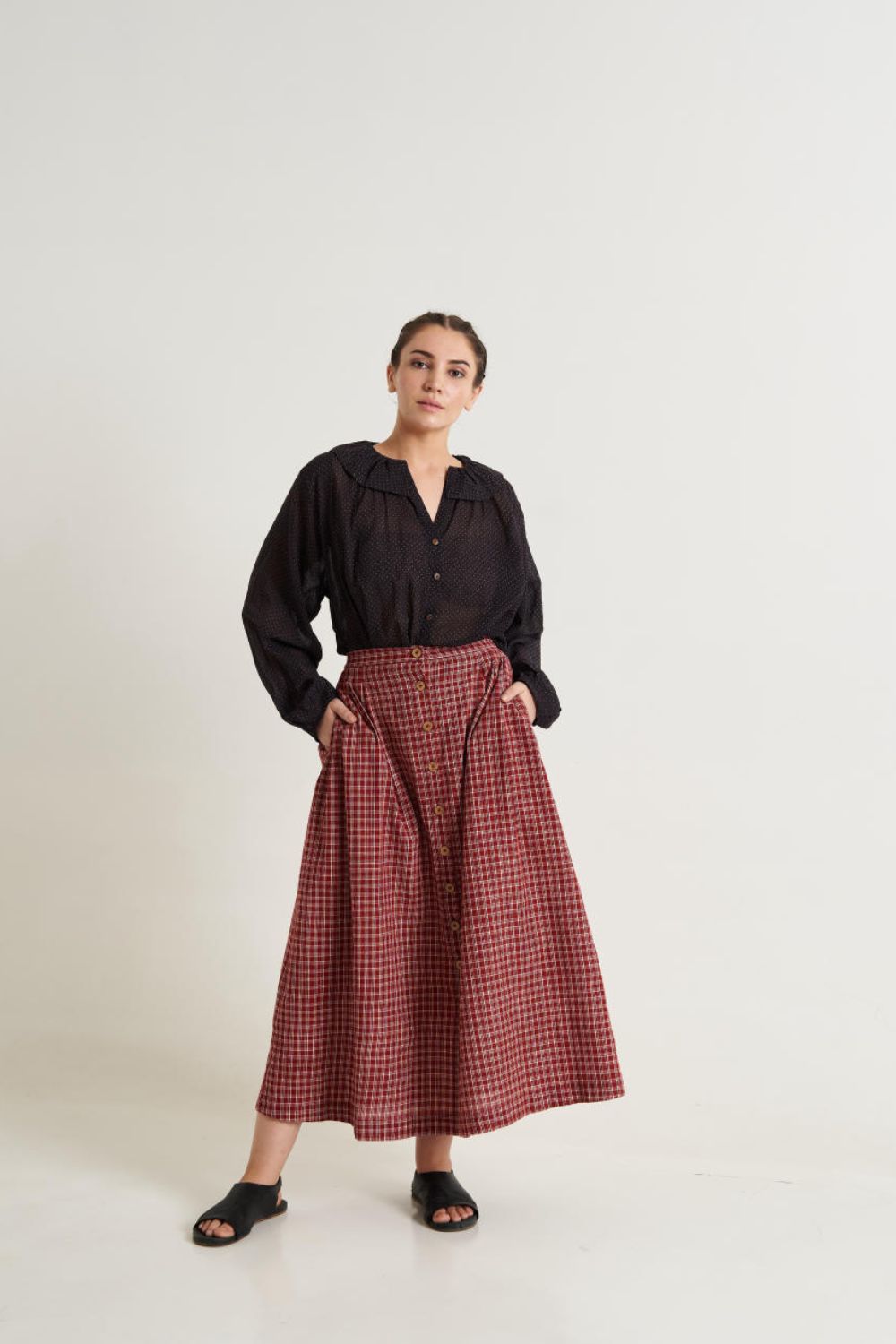 Madras checkered midi skirt - Red checks